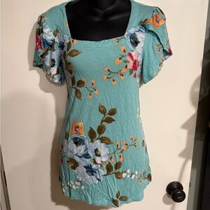 4/$16 Taohuadao Floral Flutter Sleeve Blouse in Teal Stretch Medium
